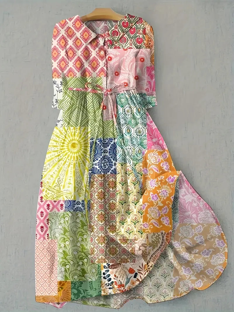 Multi Collared Patchwork Boho Print Button-Front Tie Waist A-Line Midi Dress