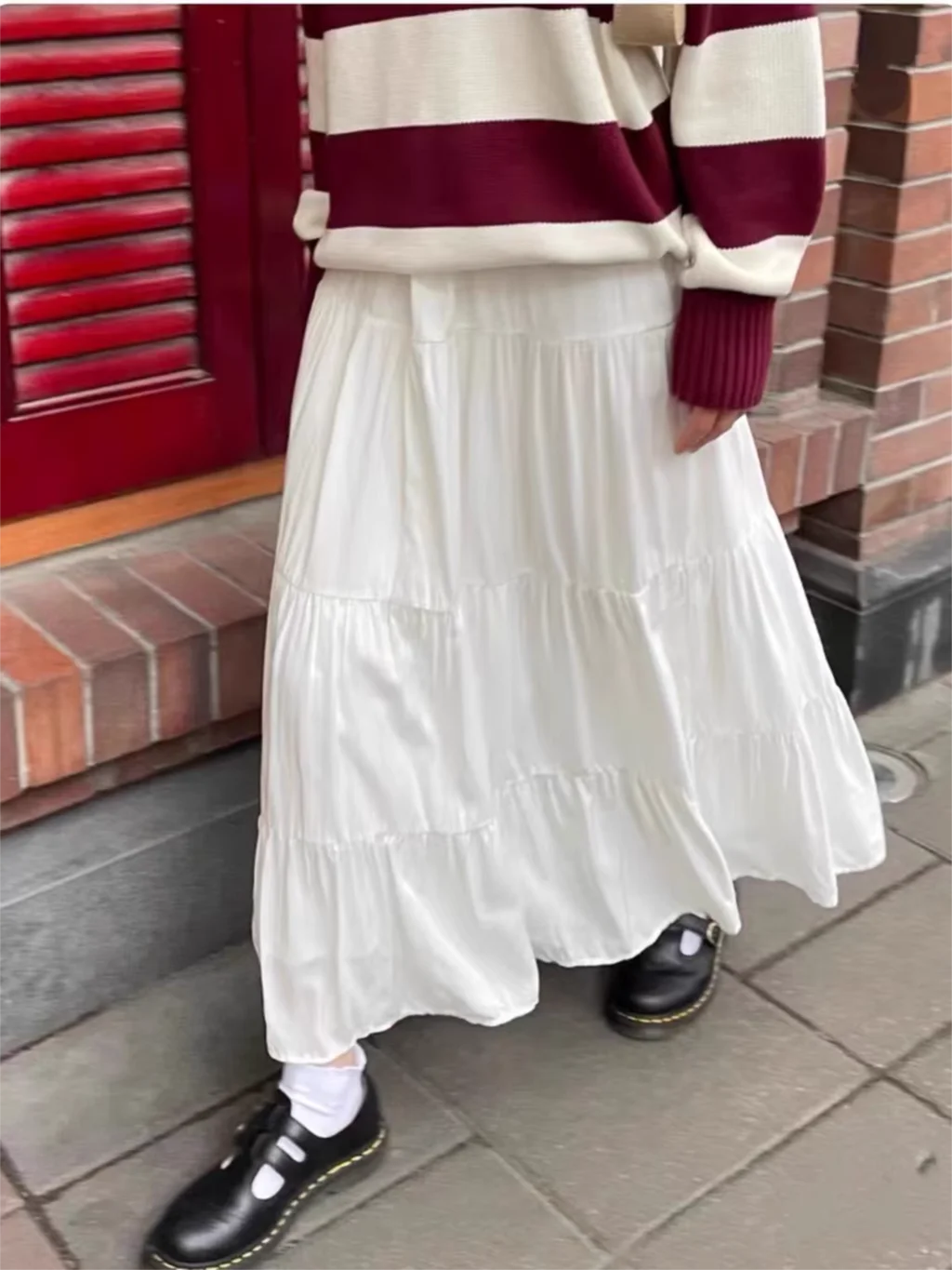 Folds Laceup White Maxi Skirts Woman Summer High Waist Aline Loose Faldas Casual Sweet Simple Preppy Style Cute Long Skirt