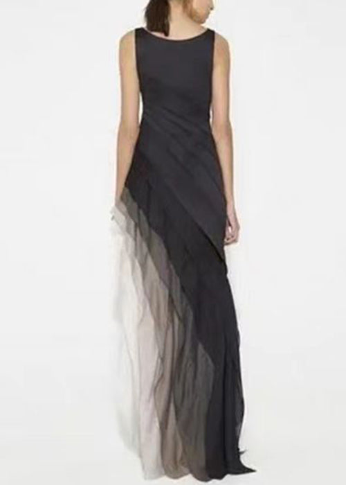 French Black High Waist Patchwork Tulle Maxi Dresses Summer