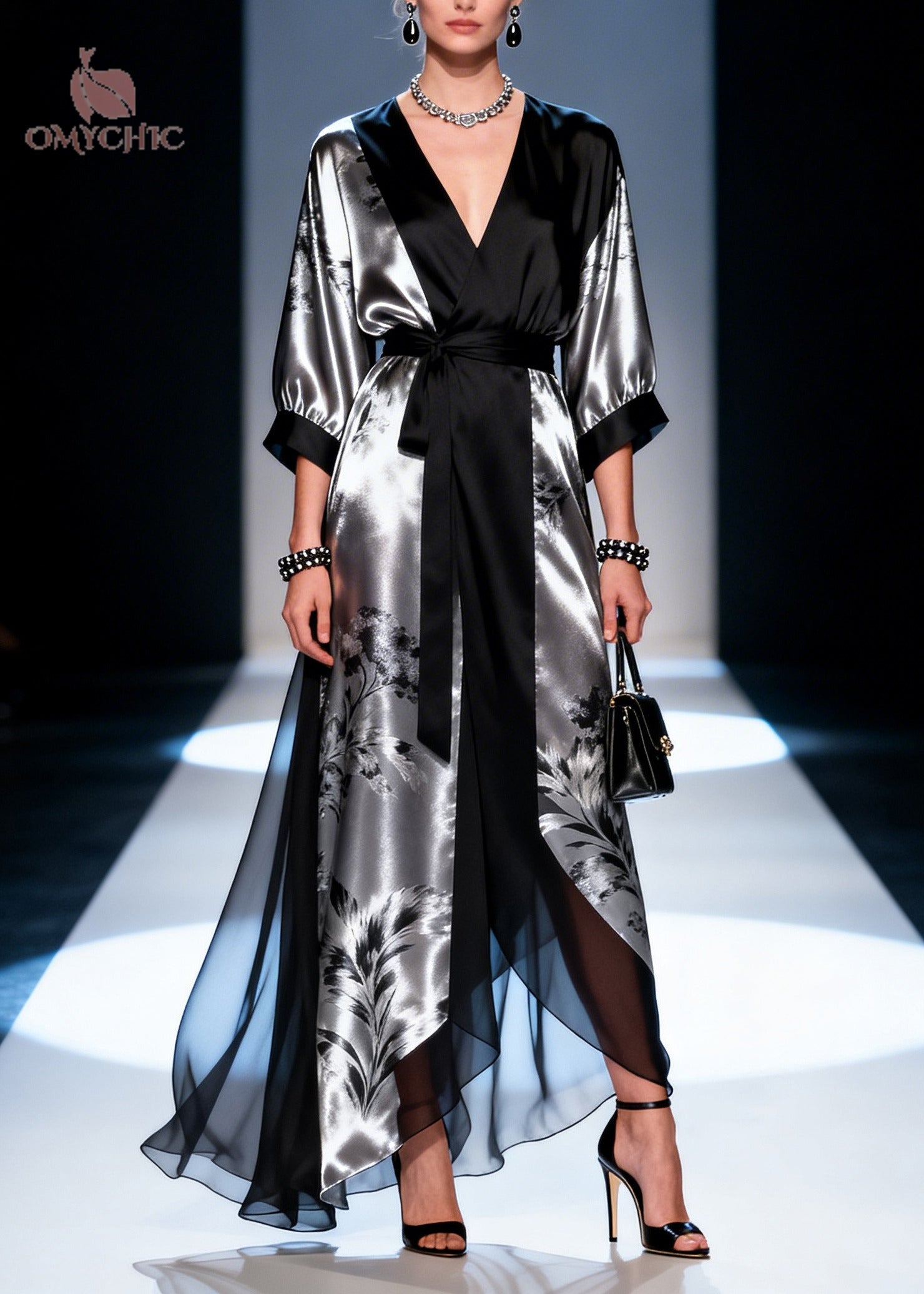 French Black Tie Waist Patchwork Chiffon Long Dress Summer