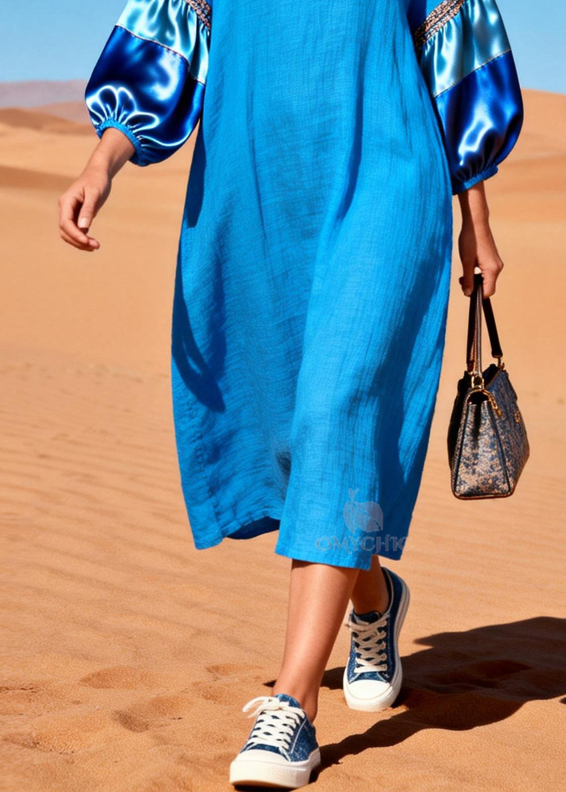 French Blue Oversized Patchwork Cotton Dresses Lantern Sleeve
