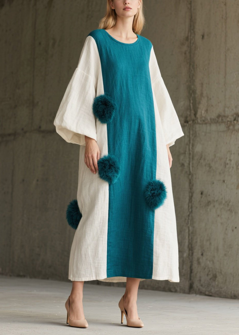 French Colorblock Oversized Patchwork Fuzzy Ball Decorated Dress Lantern Sleeve