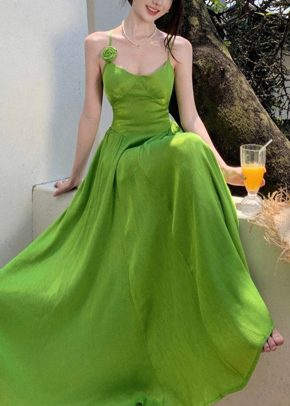 French Green Floral Hollow Out Patchwork Flattering Maxi Spaghetti Strap Dresses Sleeveless