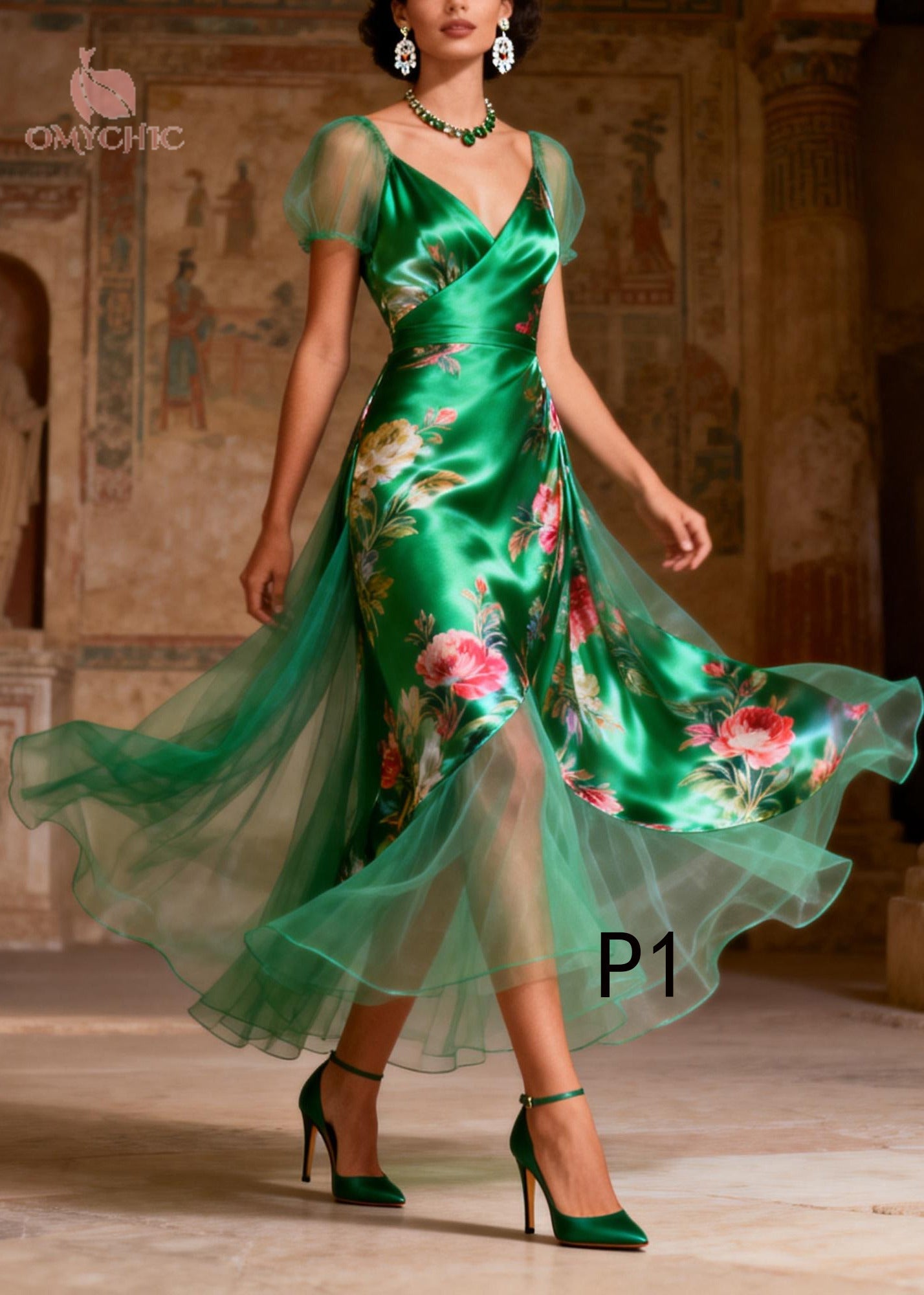 French Green Print Tulle Patchwork Silk Party Dress Summer