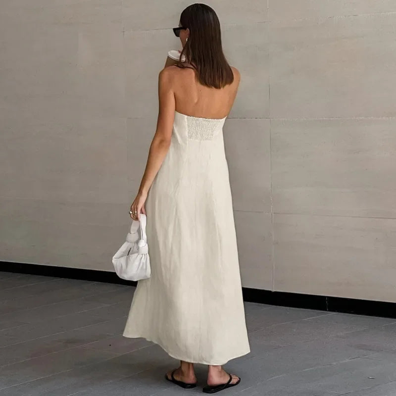 Daria Khaki Linen A-line Dress with Pockets for Women Easy Wear Style