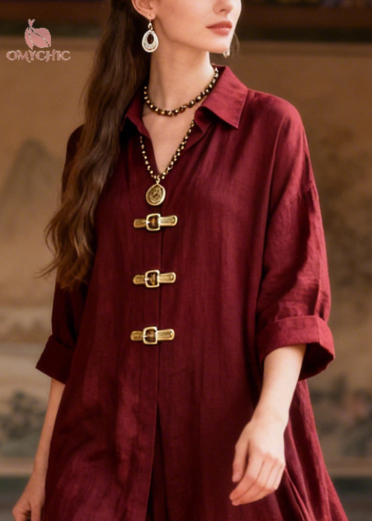 French Mulberry Oversized Chinese Button Cotton Dresses Summer