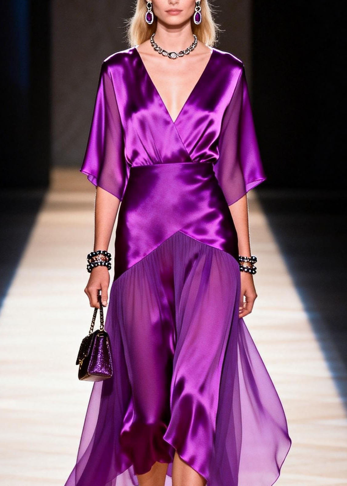 French Purple V Neck Patchwork Silk Dresses Summer