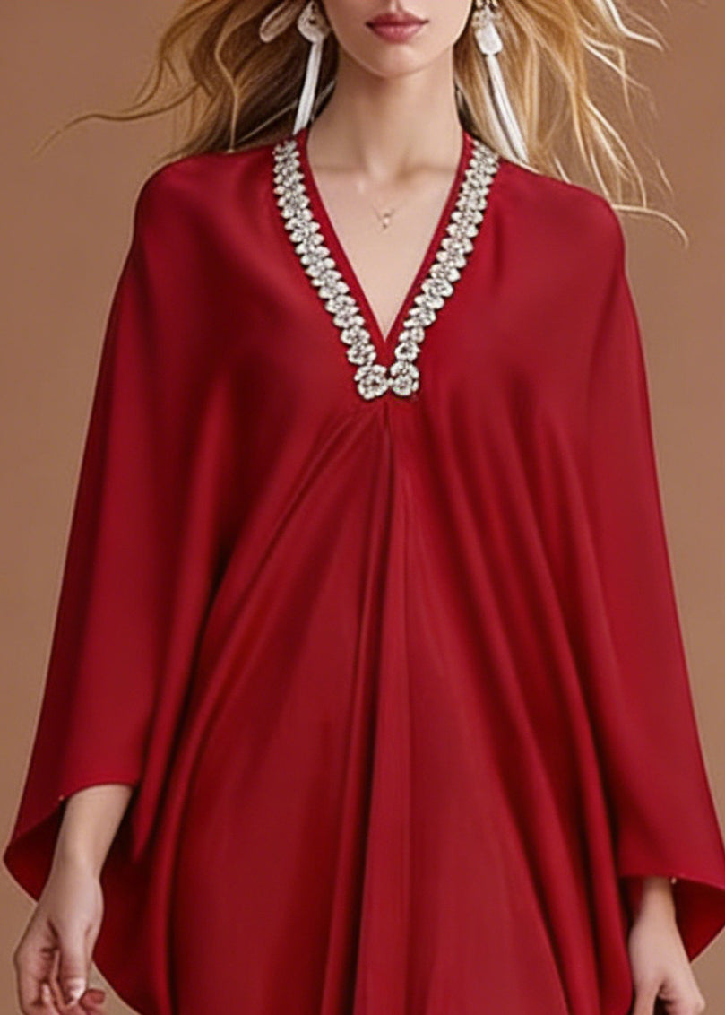French Red V Neck Zircon Silk Party Dresses Batwing Sleeve
