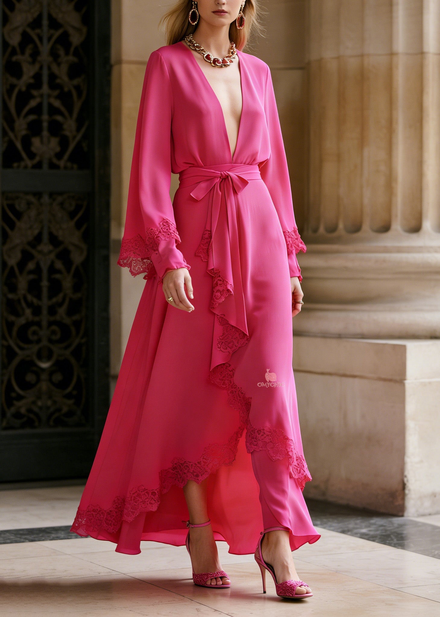 French Rose V Neck Lace Patchwork Silk Maxi Dress Spring