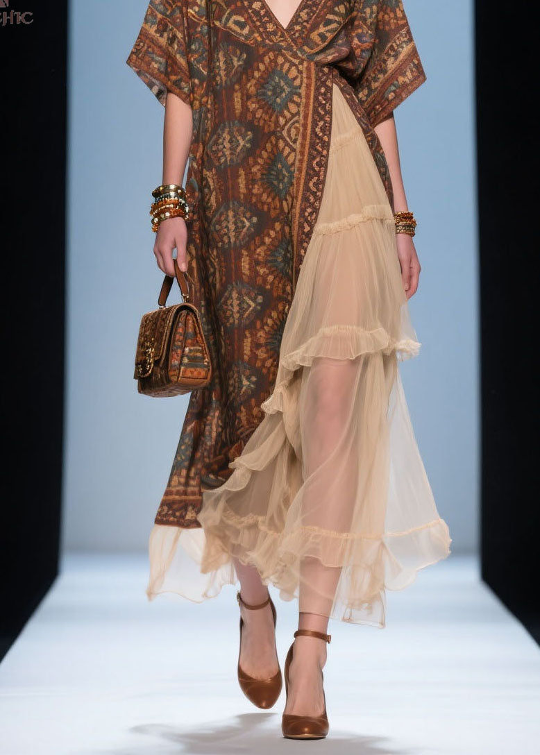 French V Neck Print Ruffled Patchwork Cotton Dress Summer