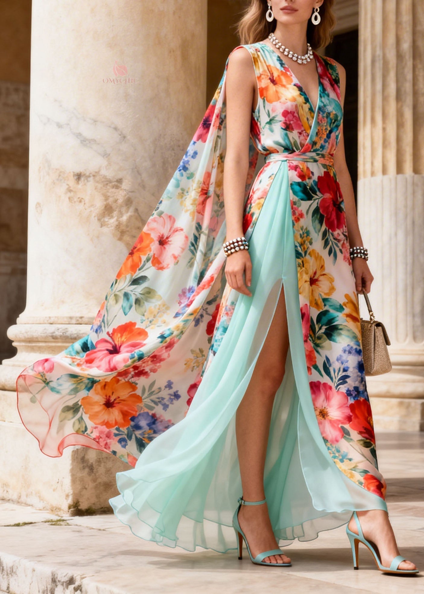 French V Neck Print Side Open Patchwork Chiffon Dresses Summer