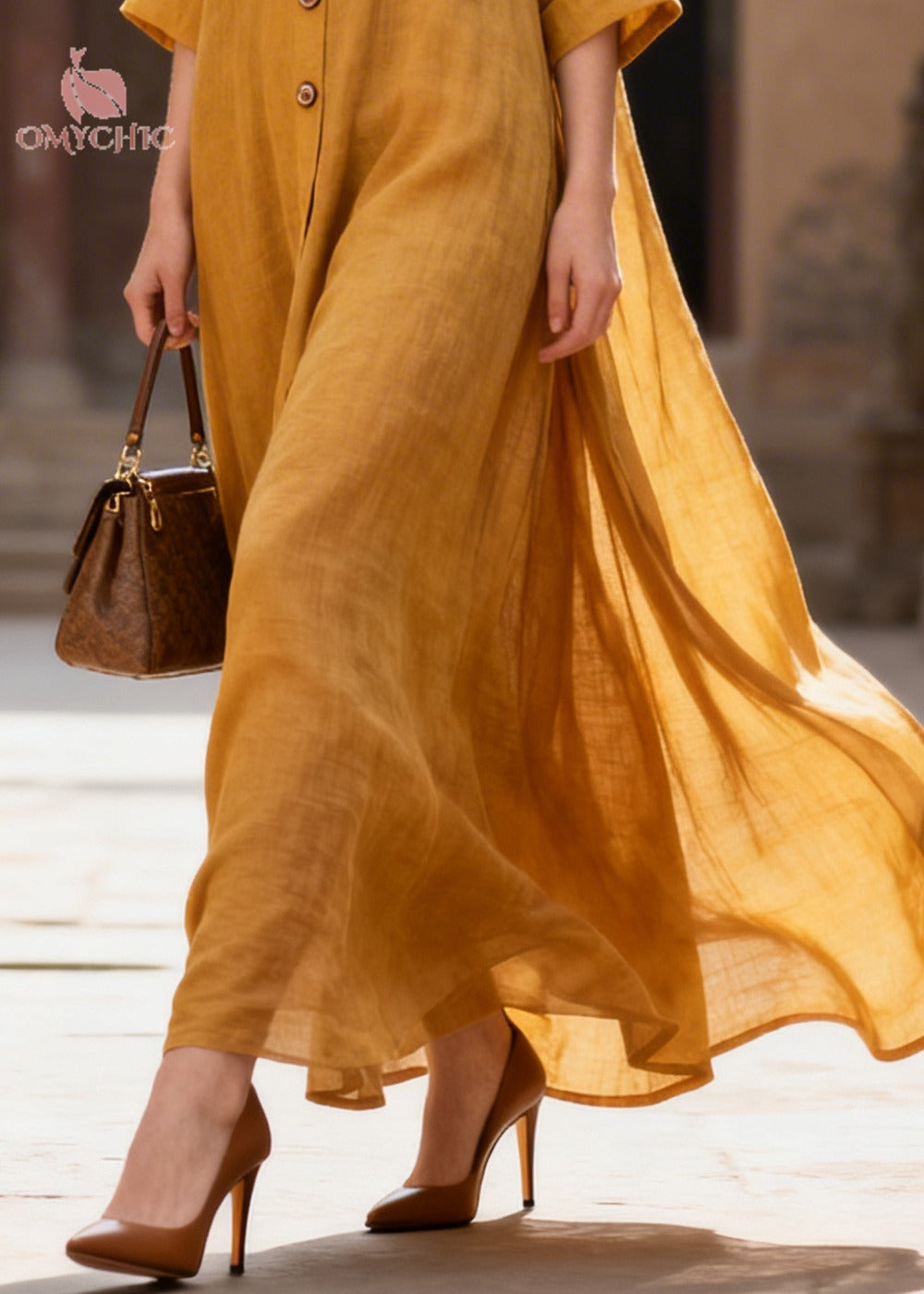 French Yellow Oversized Exra Large Hem Cotton Long Dress Summer