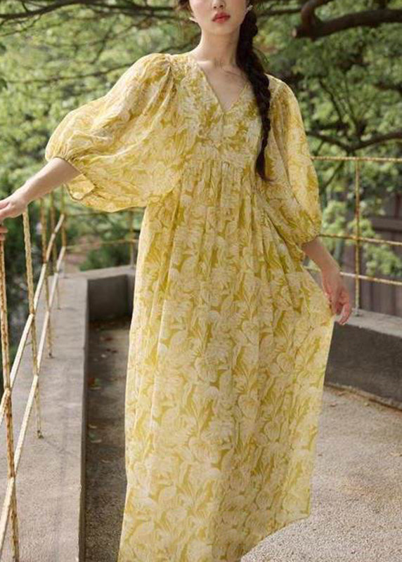 French Yellow V Neck Print Wrinkled Linen Long Dresses Summer