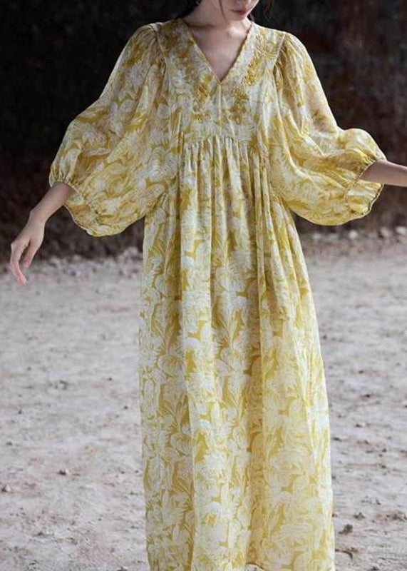 French Yellow V Neck Print Wrinkled Linen Long Dresses Summer