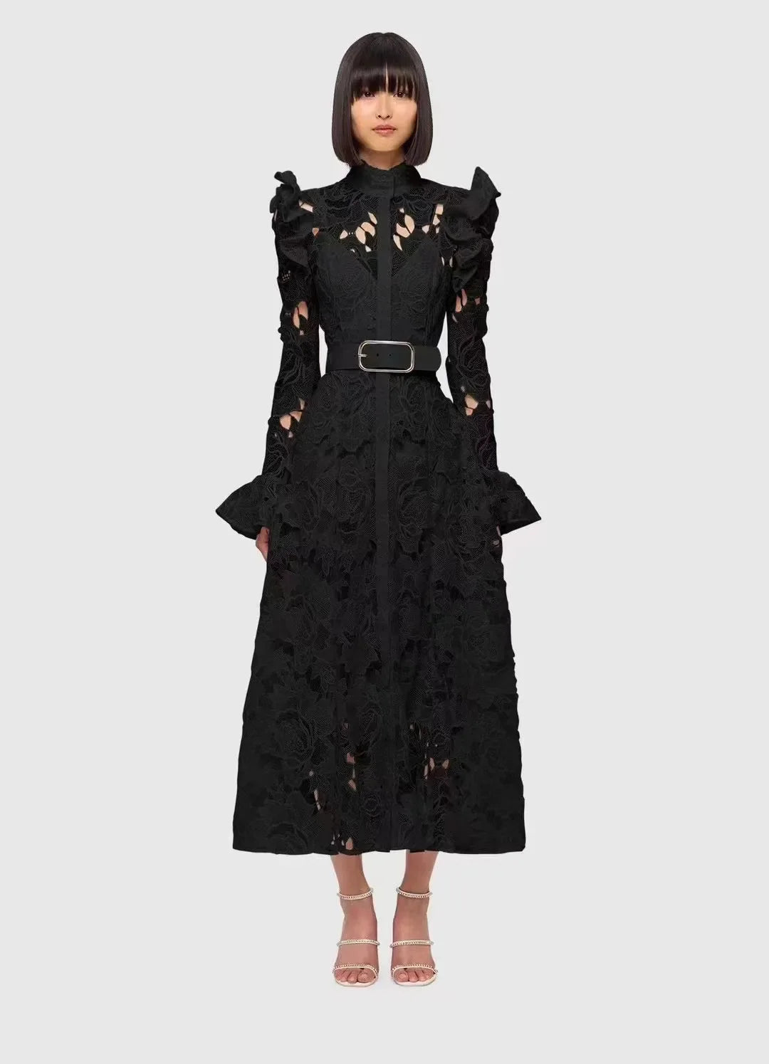 2024 French Temperament WaterSoluble SingleBreasted Lace Dress