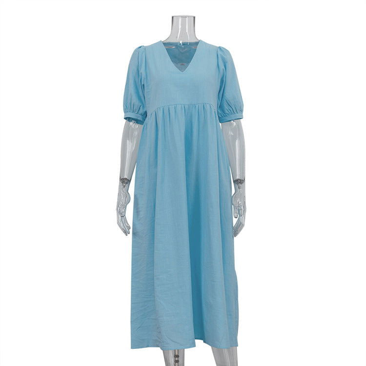French Lightly Mature V neck Puff Sleeve Blue Dress Arrival Casual Dress