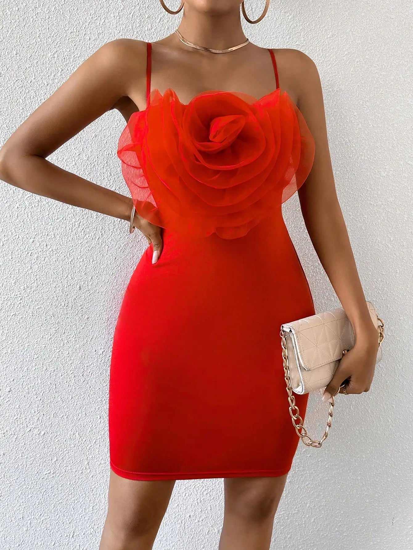Floral Cami Braces Backless Red Party Dress