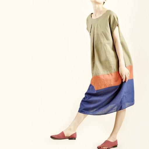 Fresh color patch maxi dress linen cotton oversize sundress