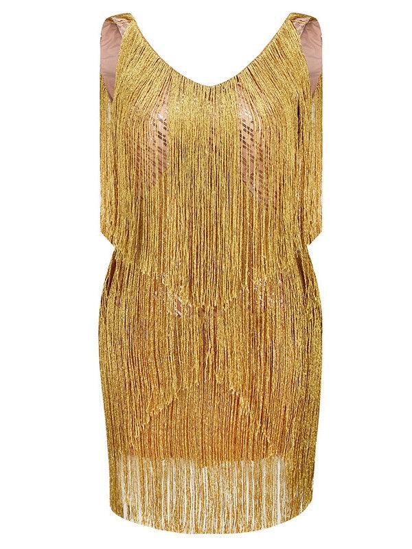 V-Neck Sequin Tiered Tassel Fringe Sleeveless Mini Dress