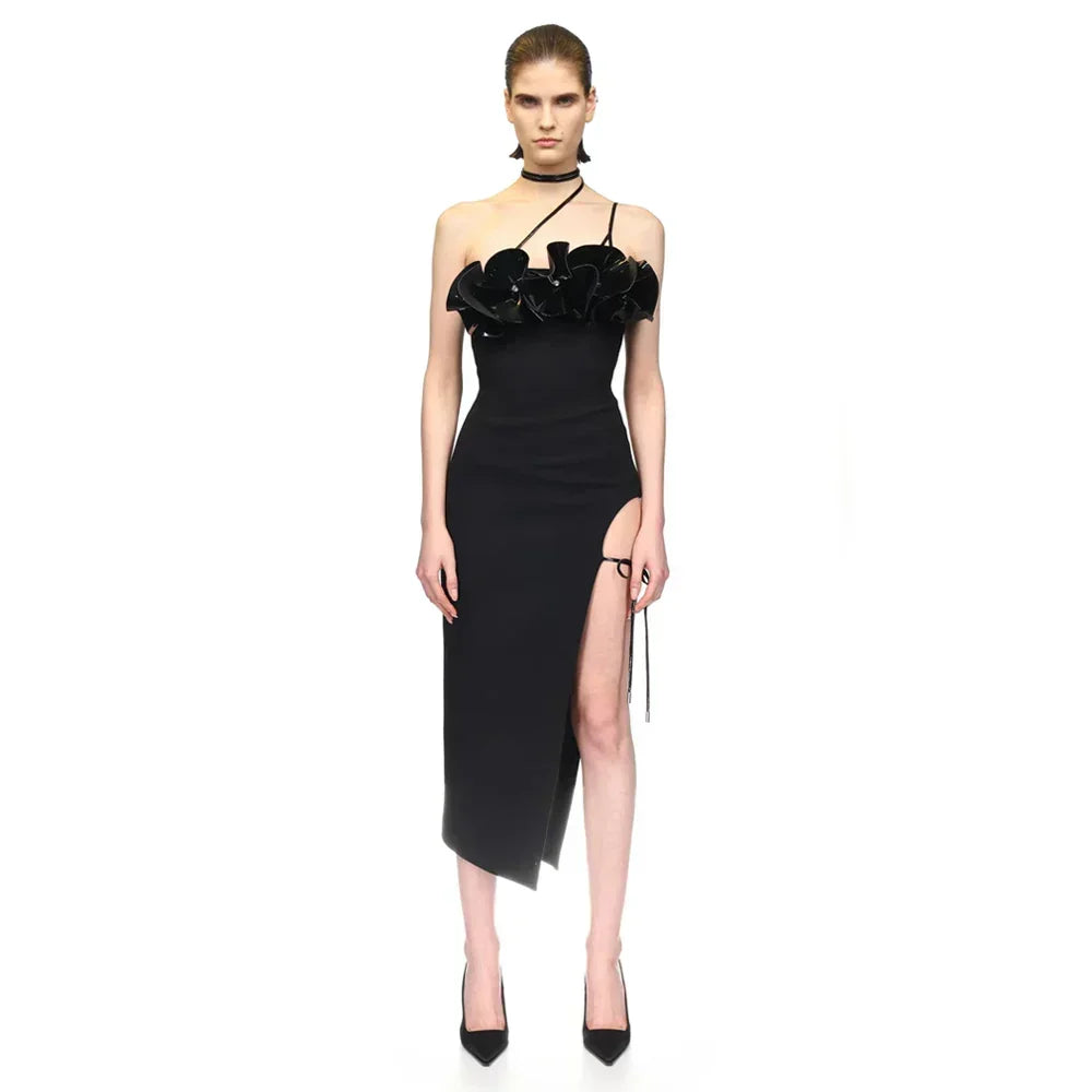 3D Flower Halter Bodycon Party Dress Black / Xs Partydress-241208