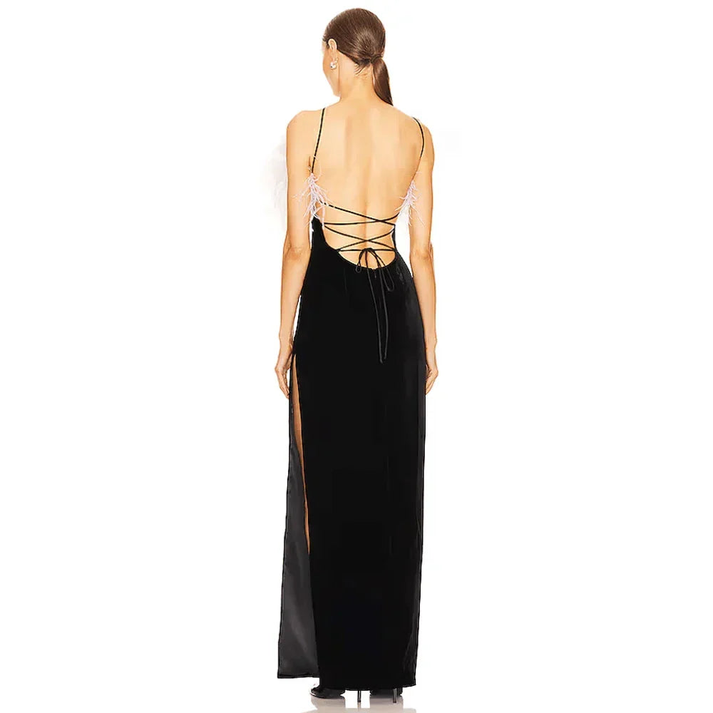 Feather Split Maxi Party Dress