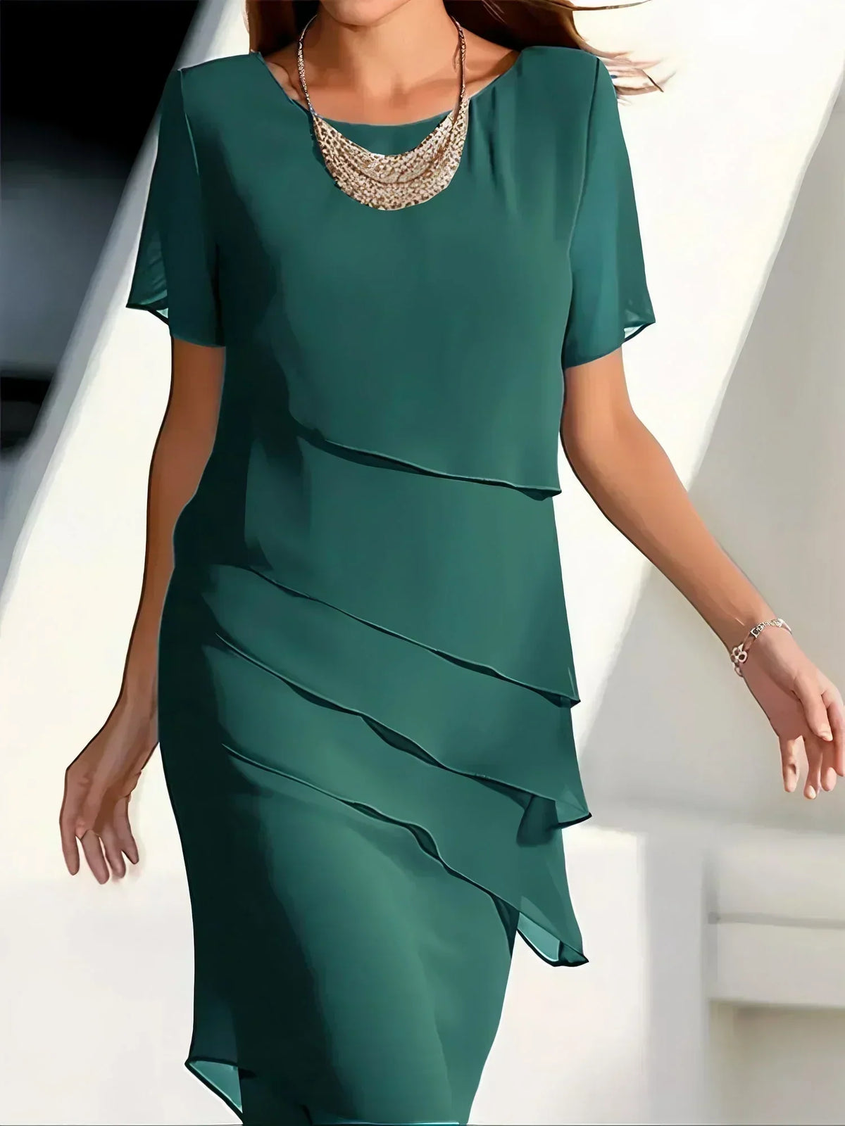 Round Neck Chiffon Short Sleeve Tiered Layered Sheath Midi Dress