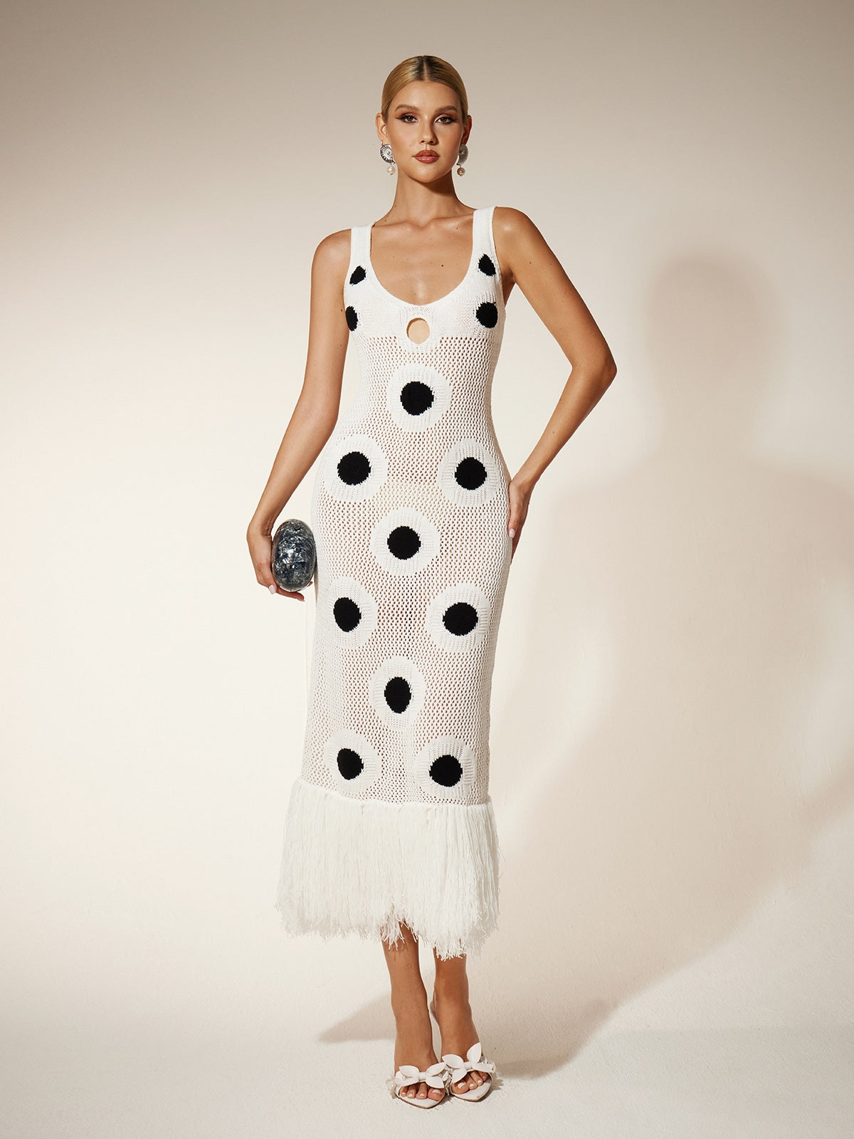 Dot Fringe Knitted Midi Dress In White