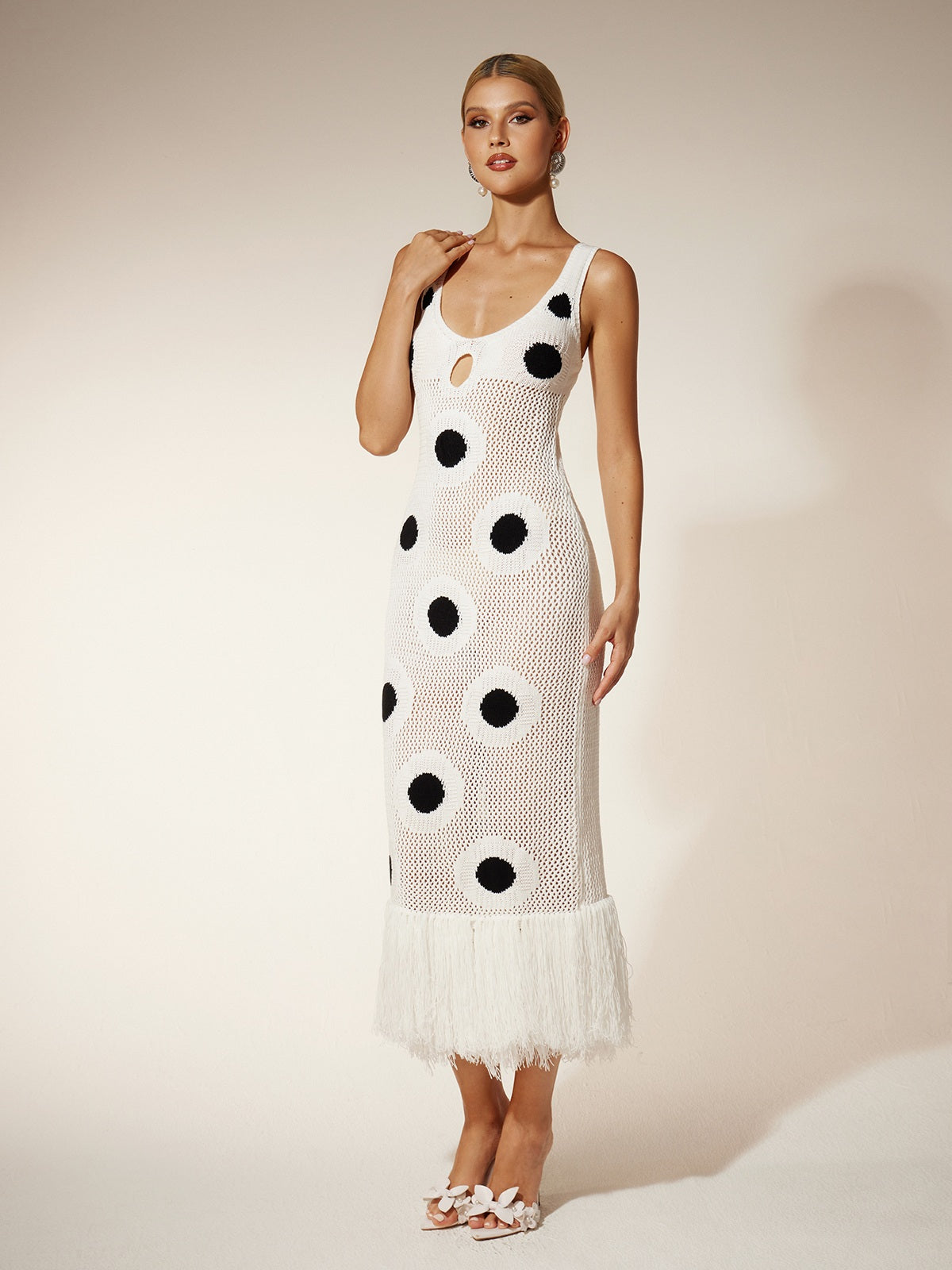 Dot Fringe Knitted Midi Dress In White