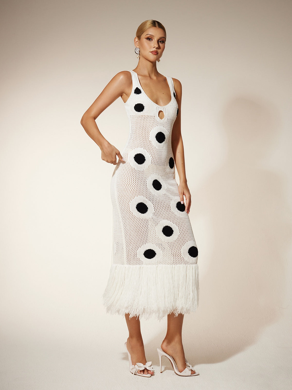 Dot Fringe Knitted Midi Dress In White