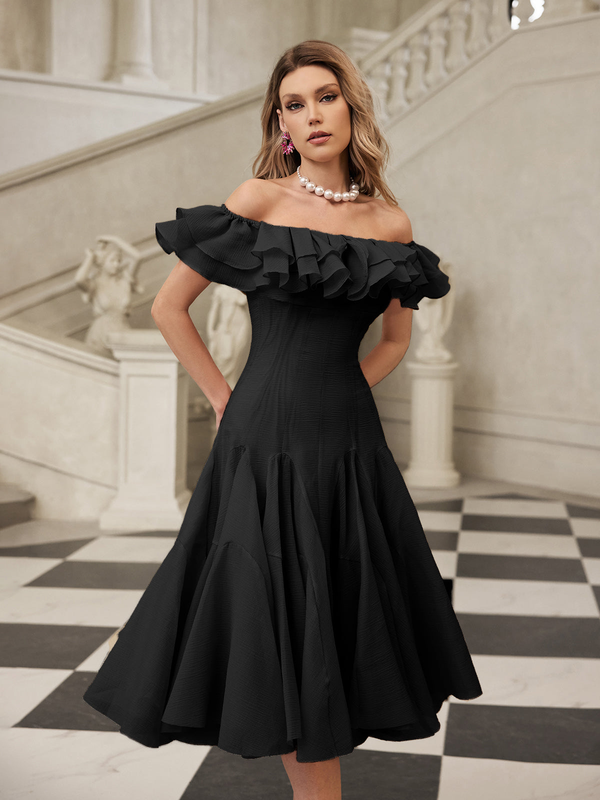 Off Shoulder Ruffle Midi Dress In Black