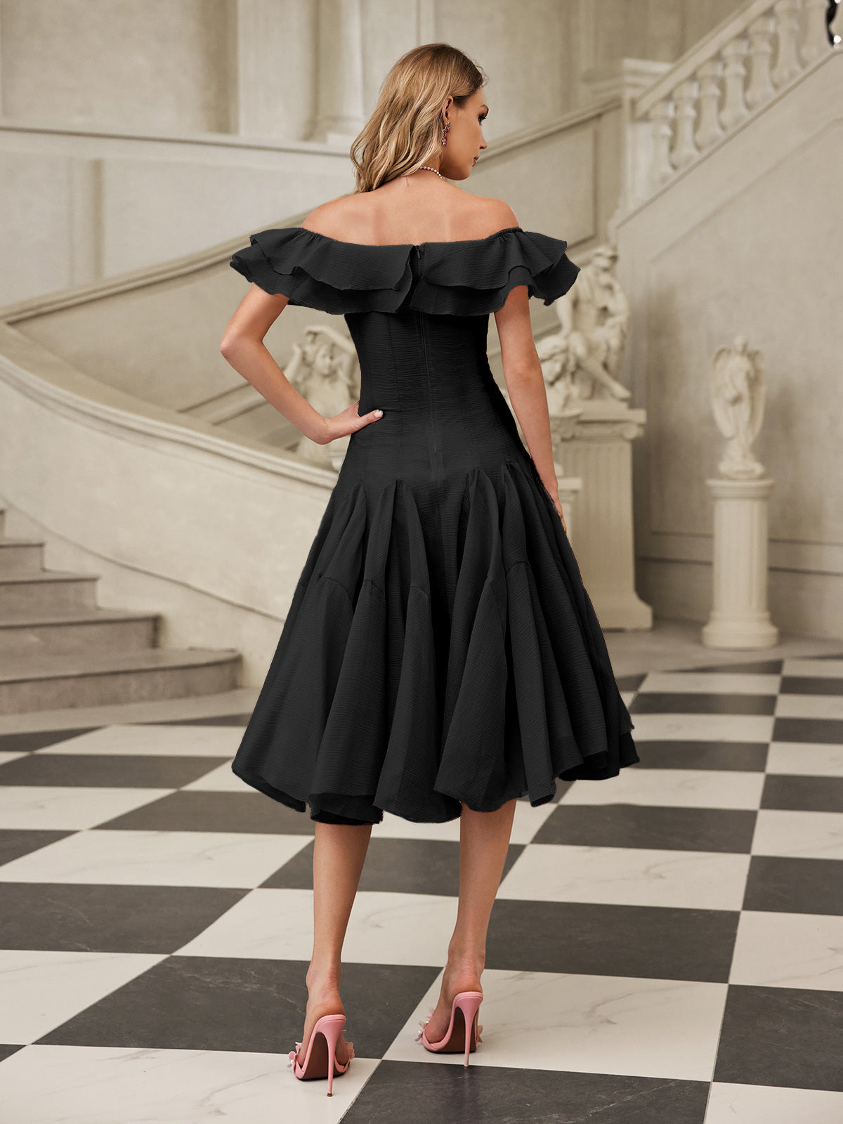 Off Shoulder Ruffle Midi Dress In Black