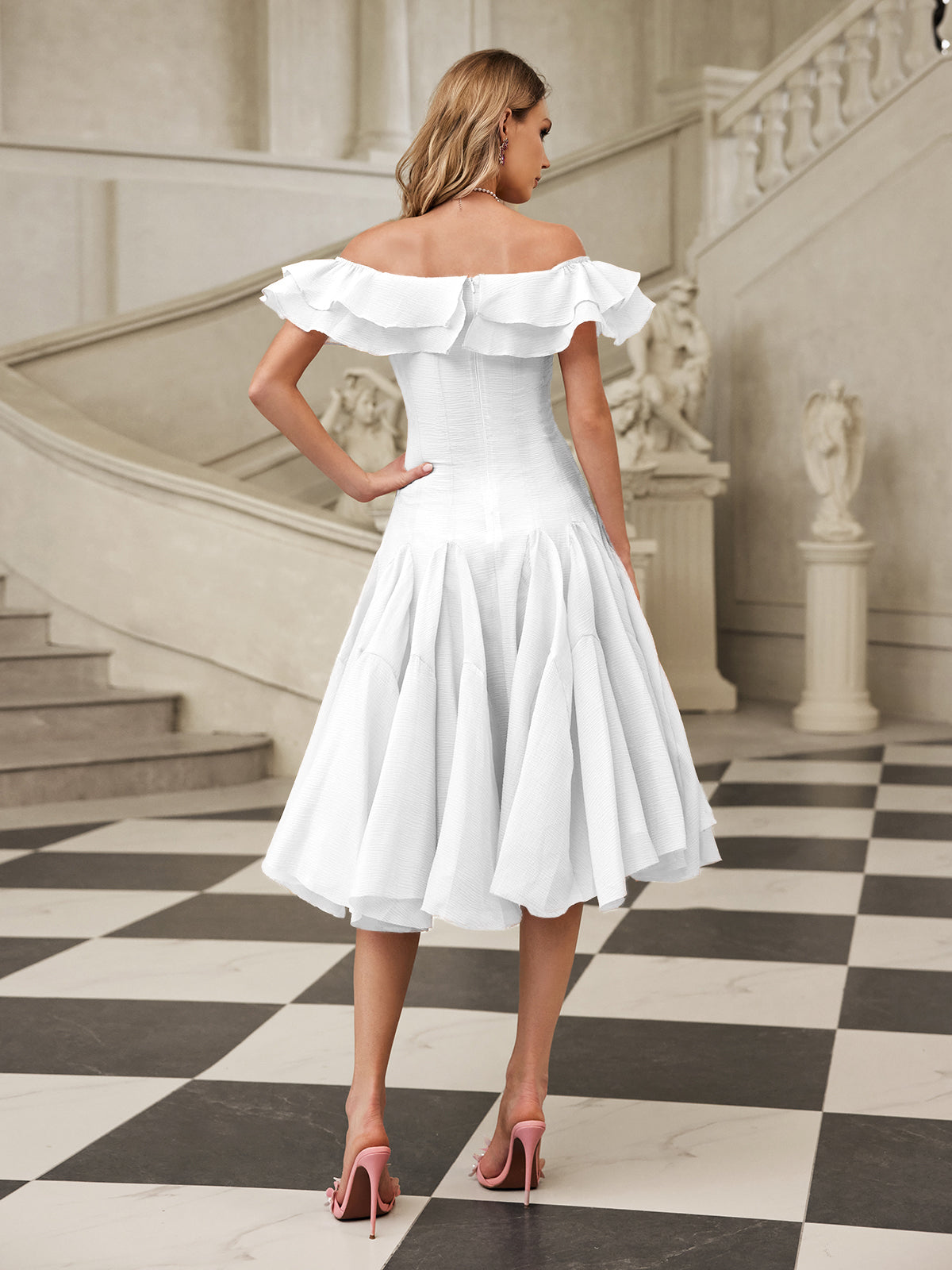 Off Shoulder Ruffle Midi Dress In White