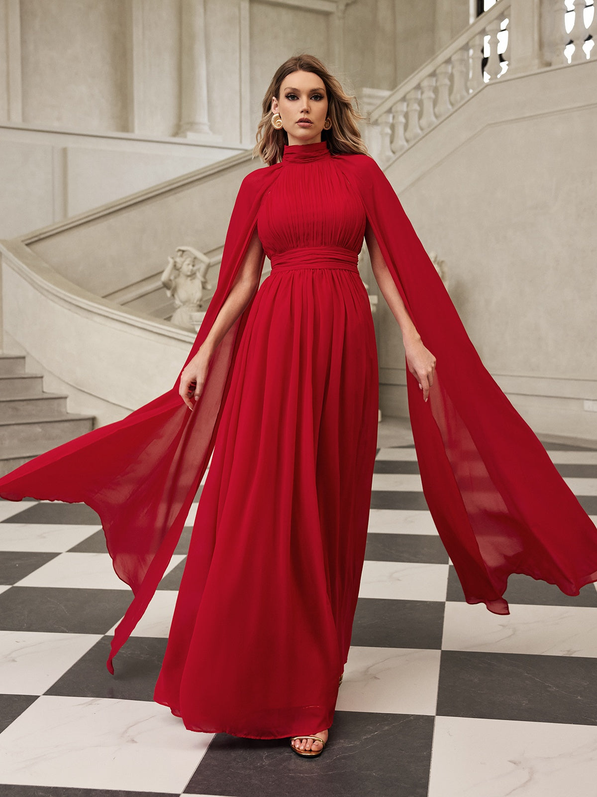 Cape Sleeve Mesh Maxi Dress