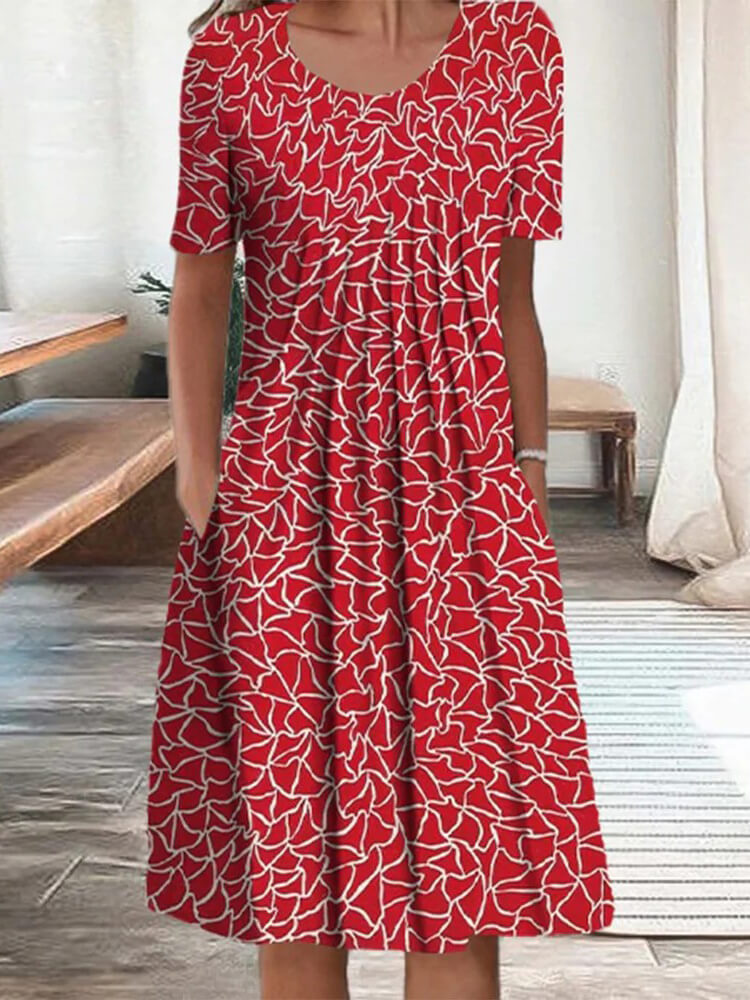 Garnet Red and White Fancy Print Pleated Midi Dress