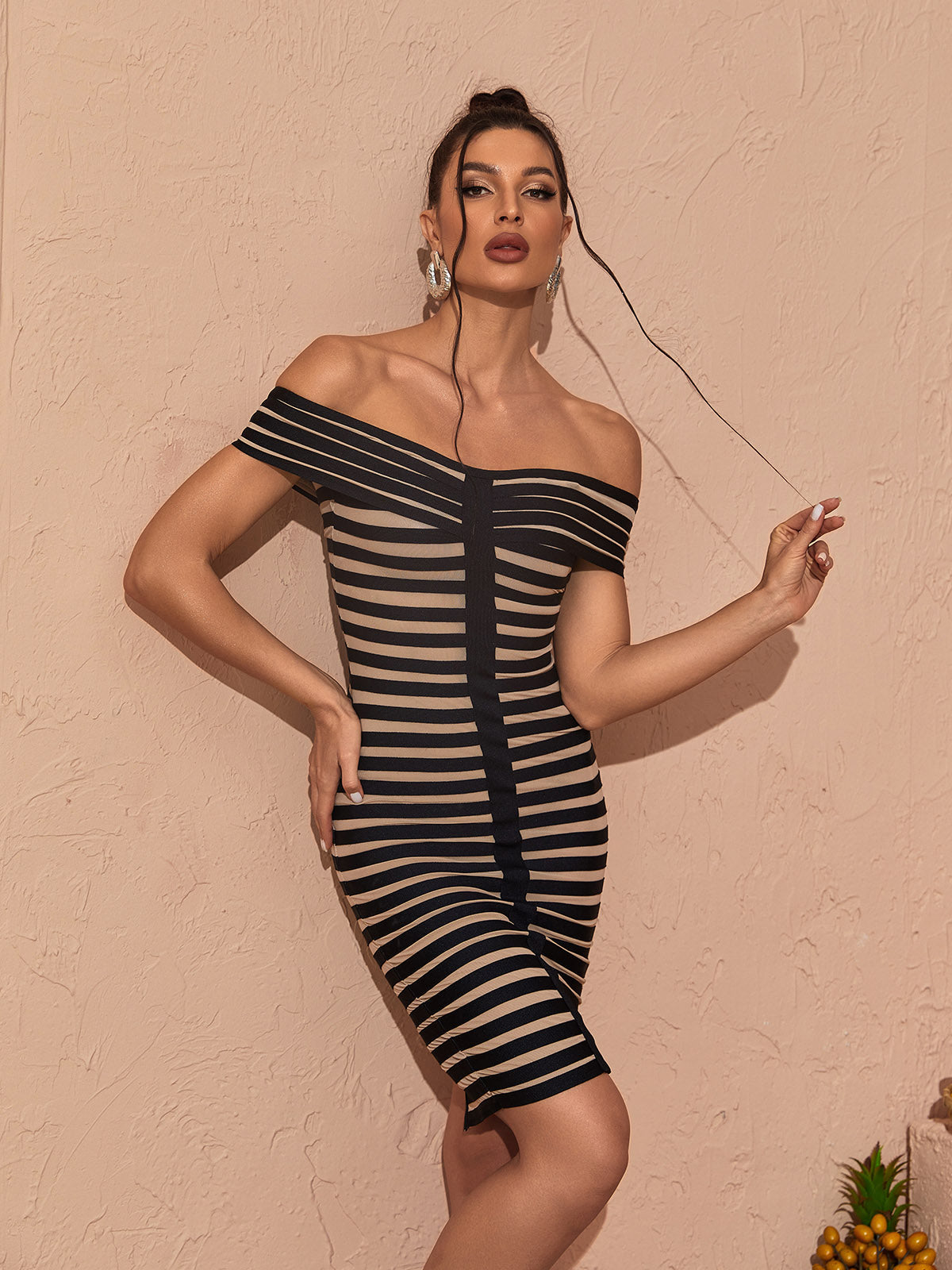 Off-Shoulder Striped Mesh Bodycon Midi Dress