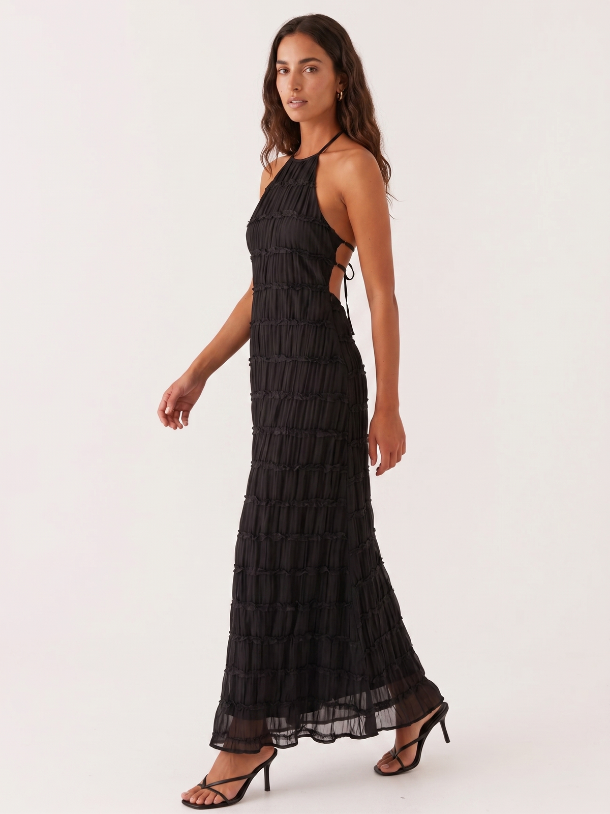 Halter Neck Tiered Ruffle Textured Column Maxi Dress 19