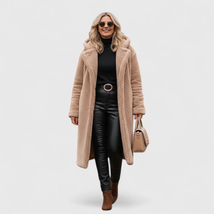 Hooded Lapel Teddy Fleece Longline Open Front Coat
