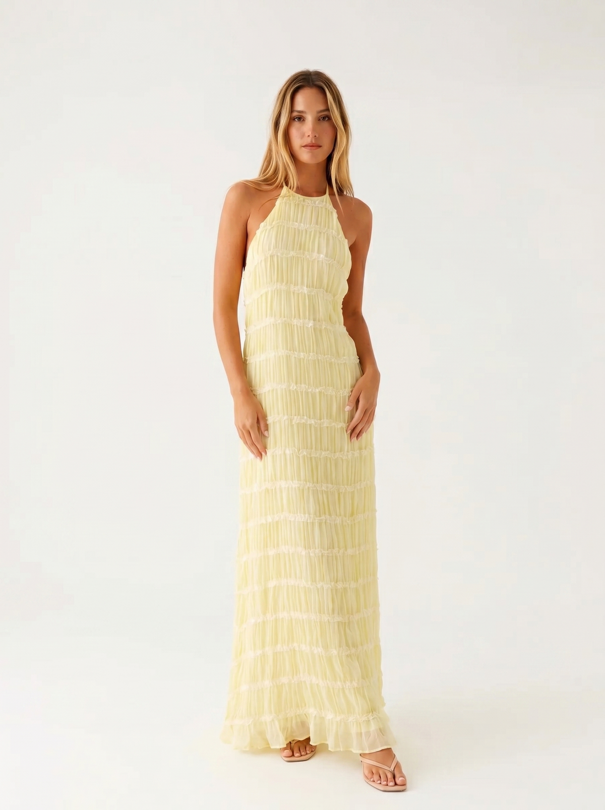 Halter Neck Tiered Ruffle Textured Column Maxi Dress 10