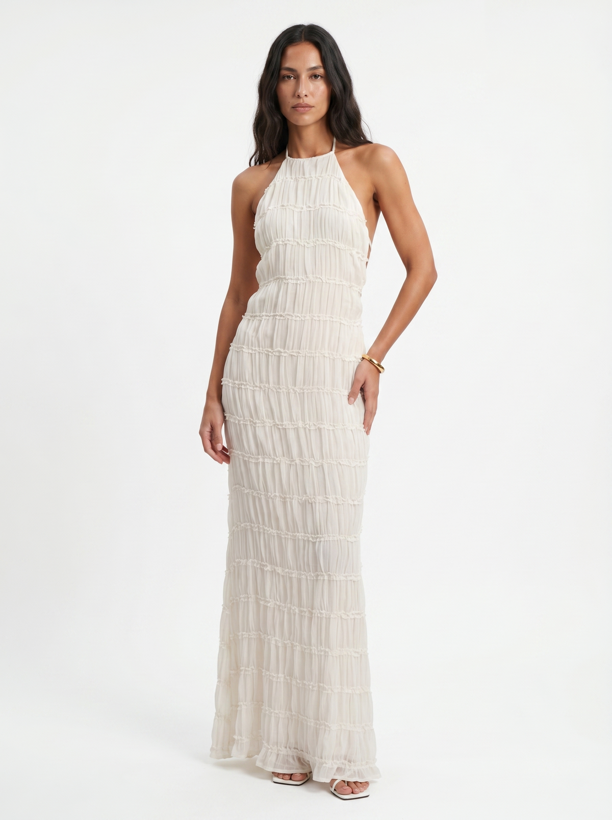 Halter Neck Tiered Ruffle Textured Column Maxi Dress 2