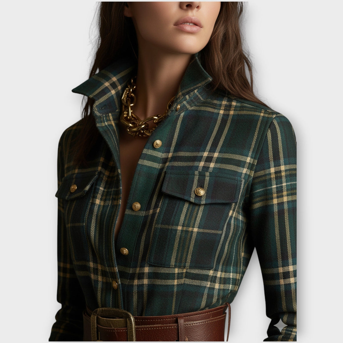 Collared Plaid Long Sleeve Belted Button-Front Flowing Maxi Shirt Dress