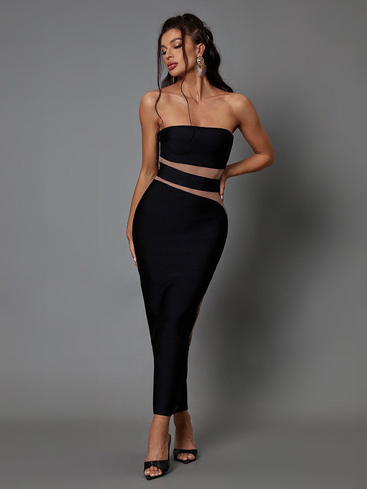 Strapless Mesh Panel Cutout Bandage Bodycon Midi Dress