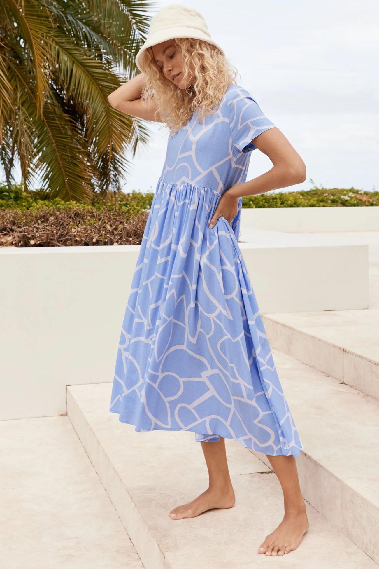 High Waist Ruched Dress with Geometric Print