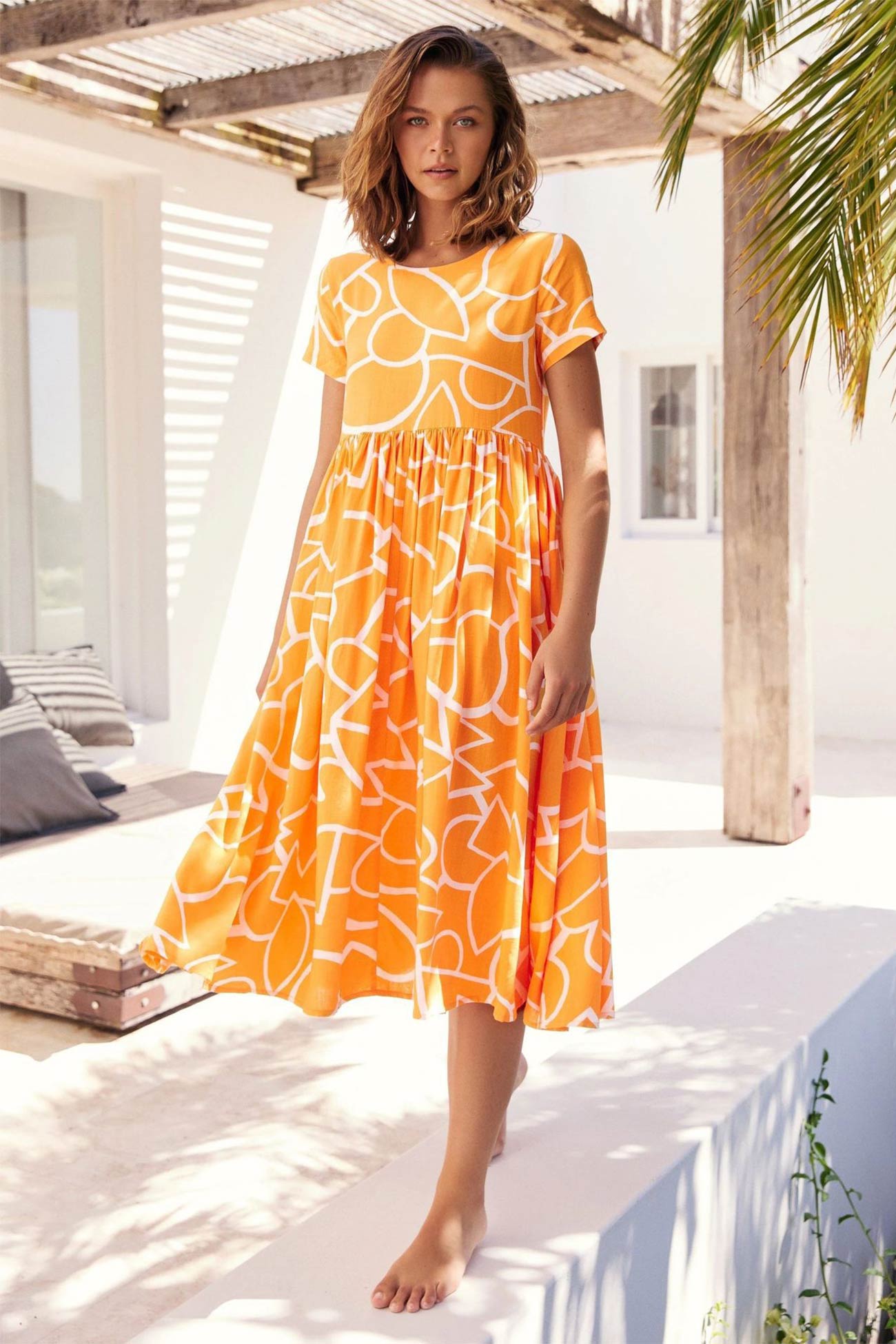 High Waist Ruched Dress With Geometric Print Yellow / S Maxi Dresses