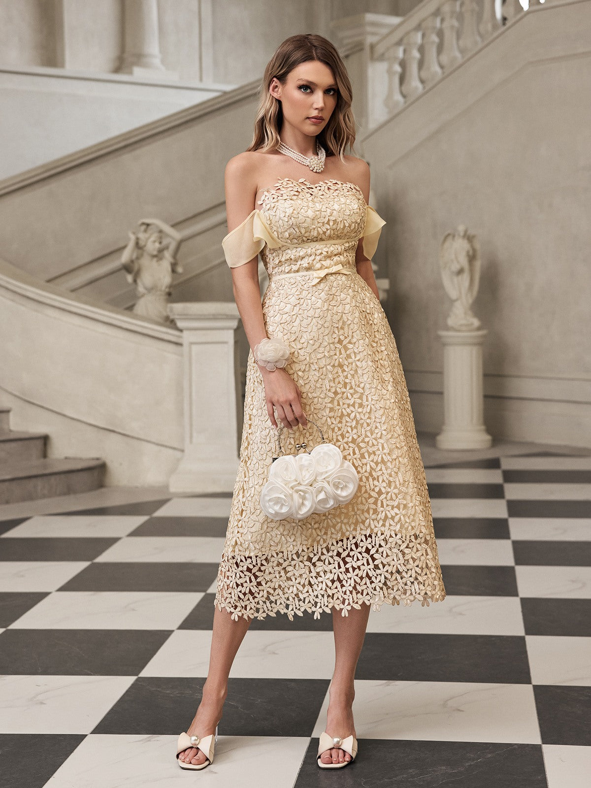 Off Shoulder Embroidered Midi Dress
