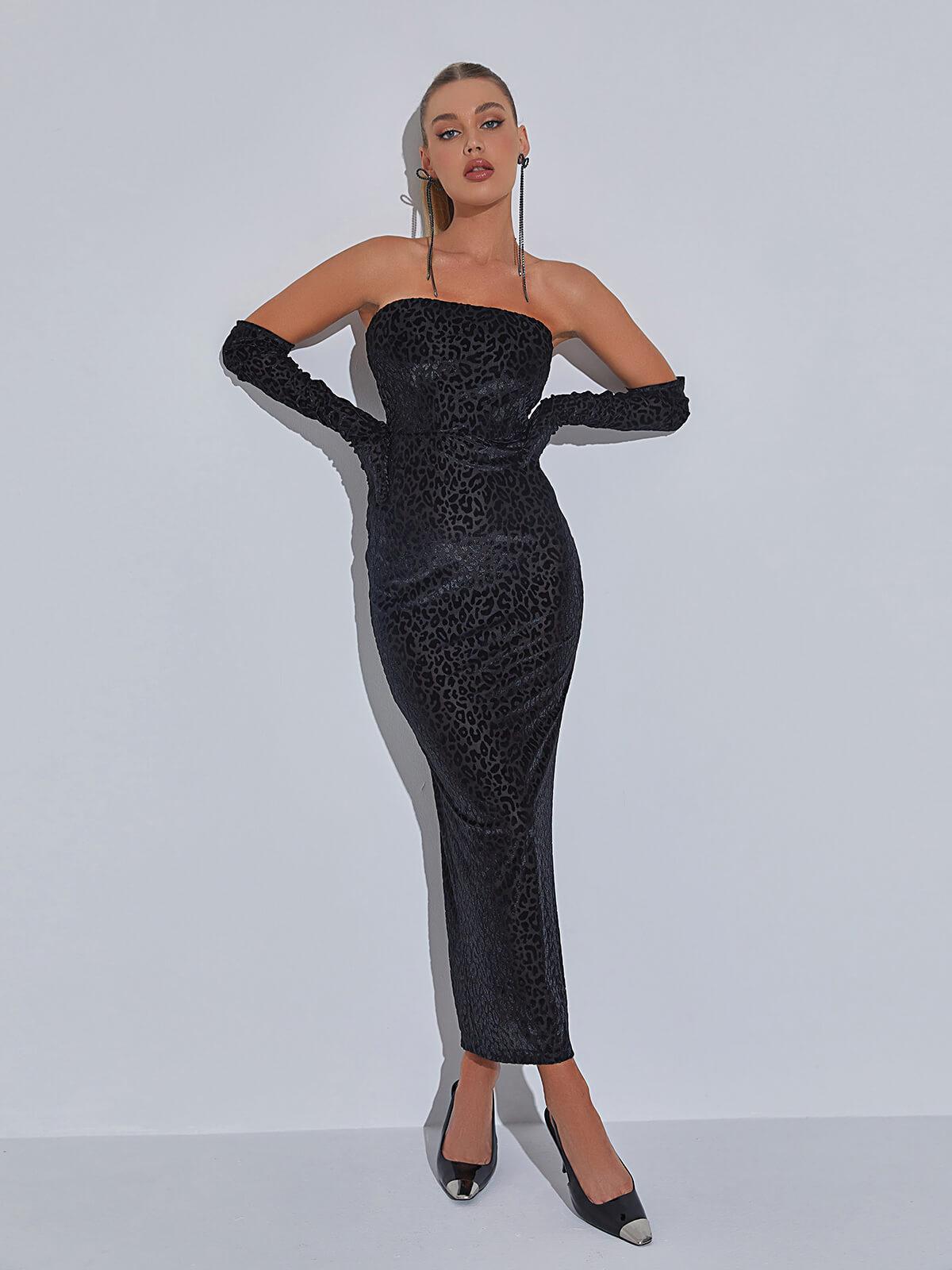 Strapless Leopard Flocked Bodycon Maxi Dress With Gloves