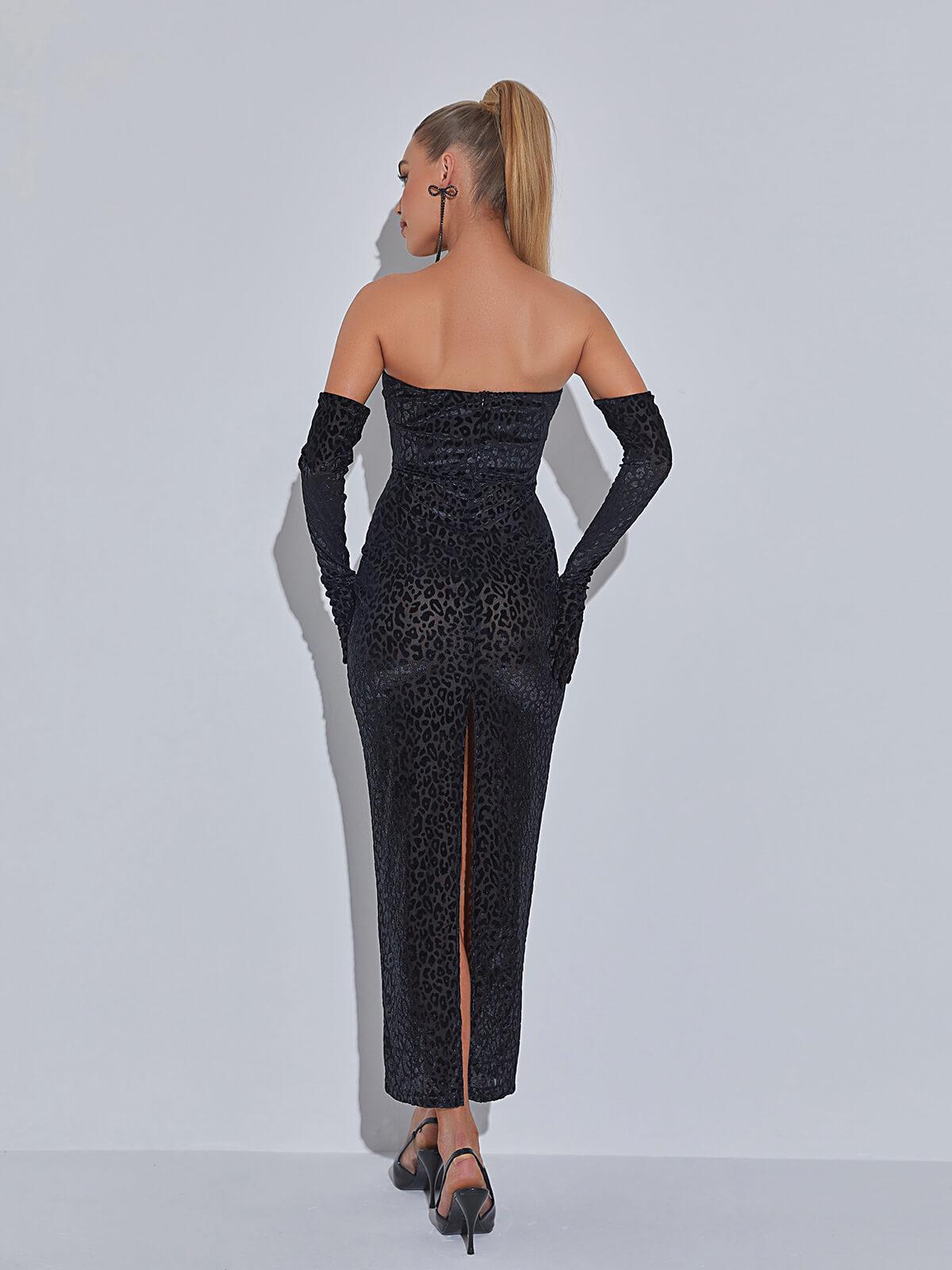 Strapless Leopard Flocked Bodycon Maxi Dress With Gloves