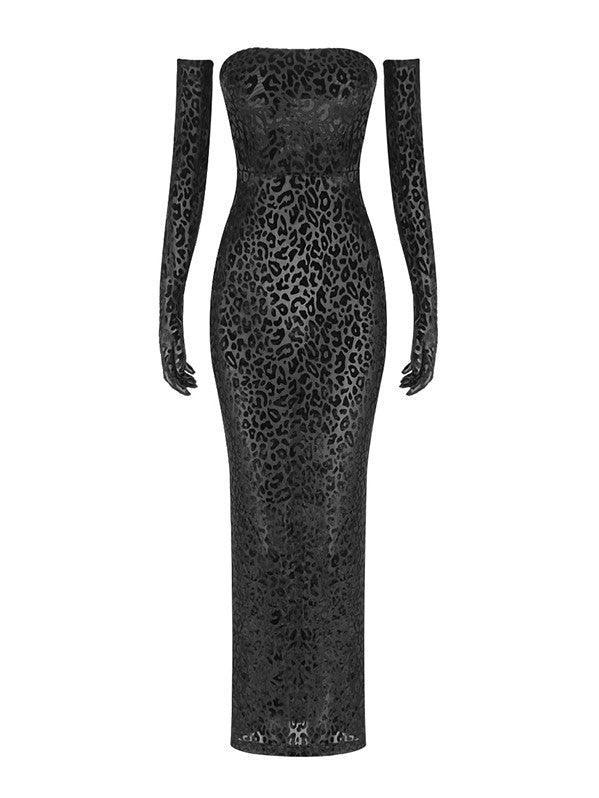 Strapless Leopard Flocked Bodycon Maxi Dress With Gloves