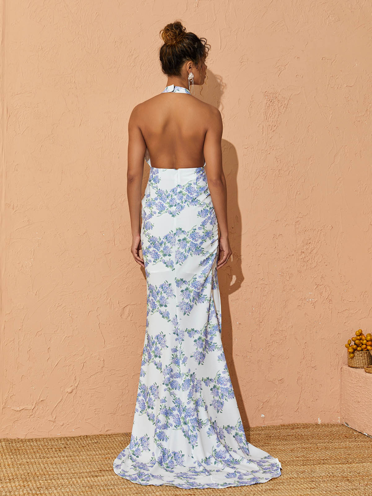 Halter Neck Floral Print Backless Mermaid Maxi Dress 5