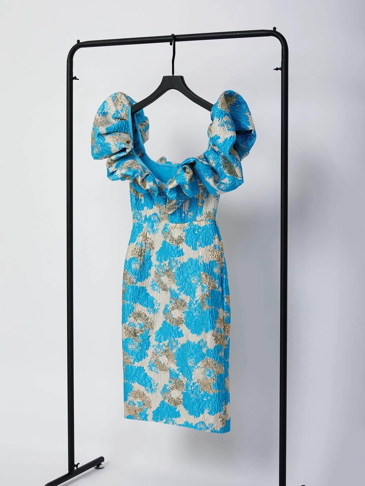 Off-Shoulder Puff Sleeve Jacquard Ruffle High Slit Bodycon Midi Dress