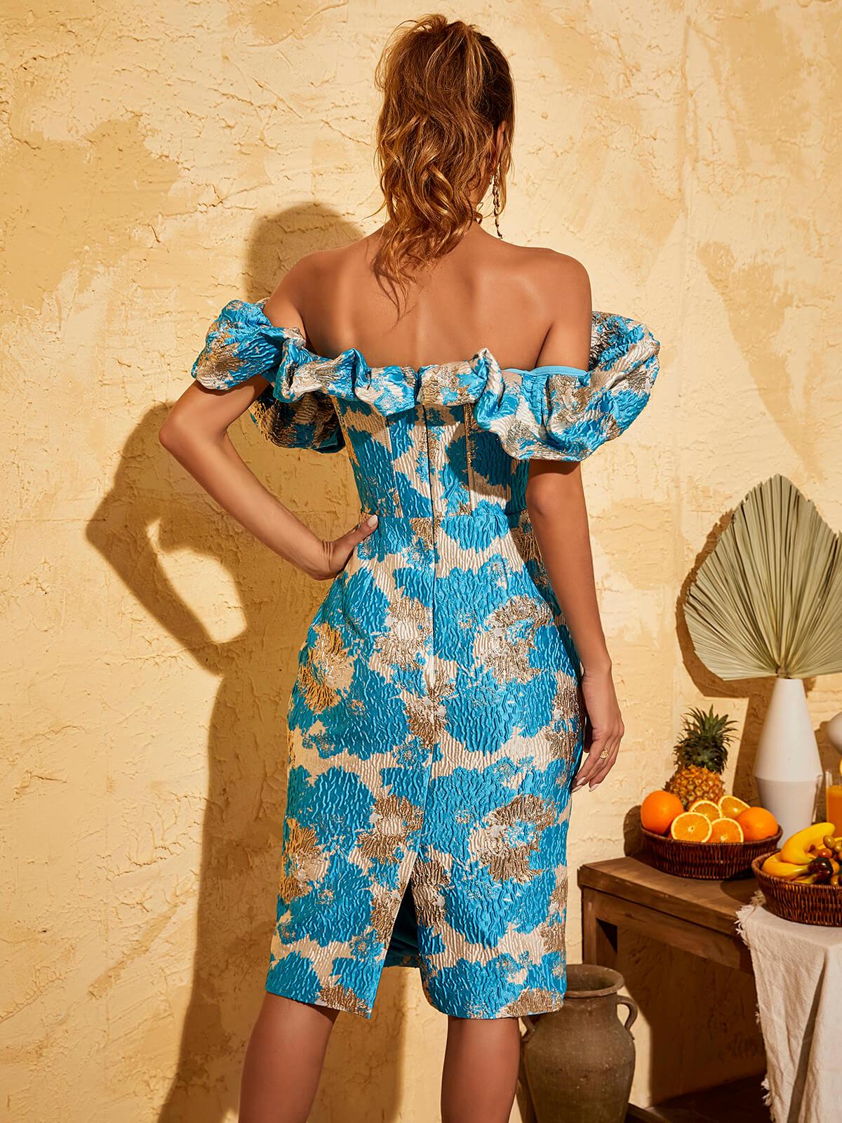 Off-Shoulder Puff Sleeve Jacquard Ruffle High Slit Bodycon Midi Dress